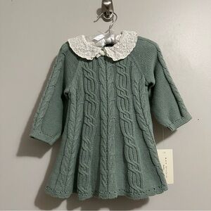 Max Studio Baby 3 Piece Cableknit Dress Outfit- Tights, Bow Shoes Size 6-9 Mos